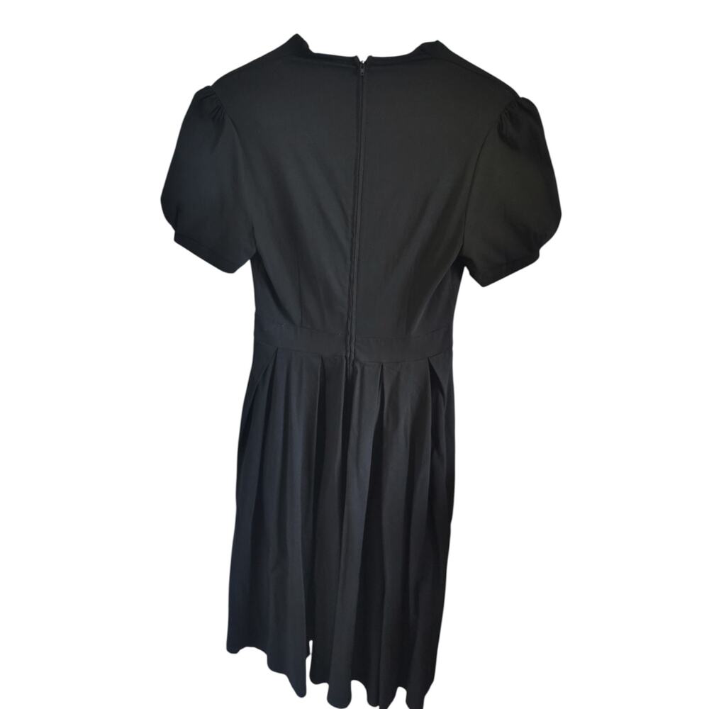 Unique Vintage Black Fit & Flare Dress Puff Sleeve Faux Wrap Retro Pinup Large - Picture 4 of 5